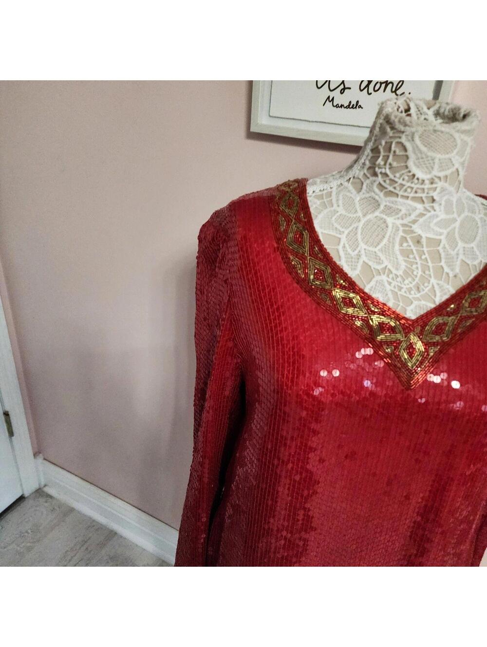 NWT Joan Leslie Vintage Red Silk Sequin 2 Piece Skirt Set XL Holiday Glam - Picture 7 of 9